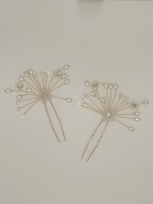 Gold crystal pins, Gold hair pins, Gold pearl and crystal hair pins